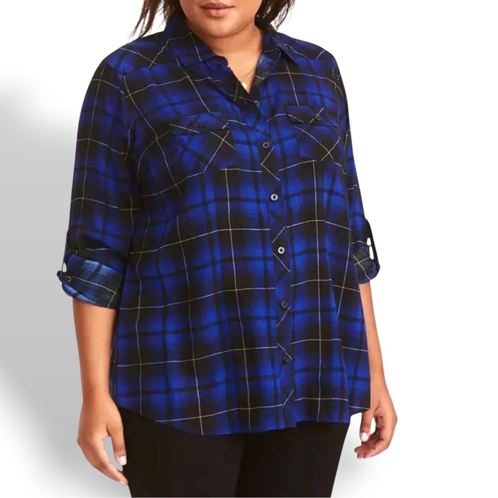 Torrid Sz 3/ 3X Rayon Challis Plaid Shirt Roll Tab Sleeve Blue Black Lightweight